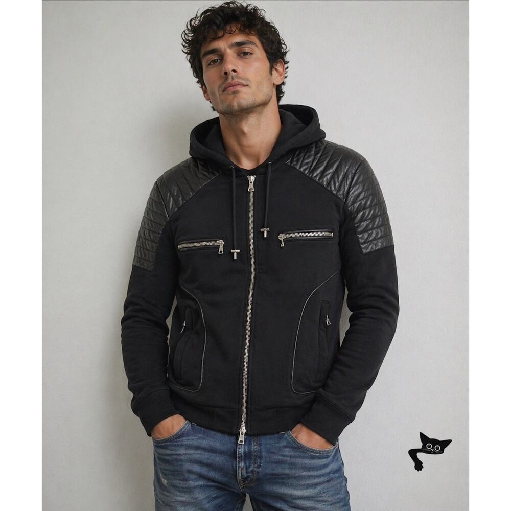 FUC Balmain Black Moto Hoodie Jacket Quilted Leather Shoulder Zip Sweatshirt M - Picture 3 of 15